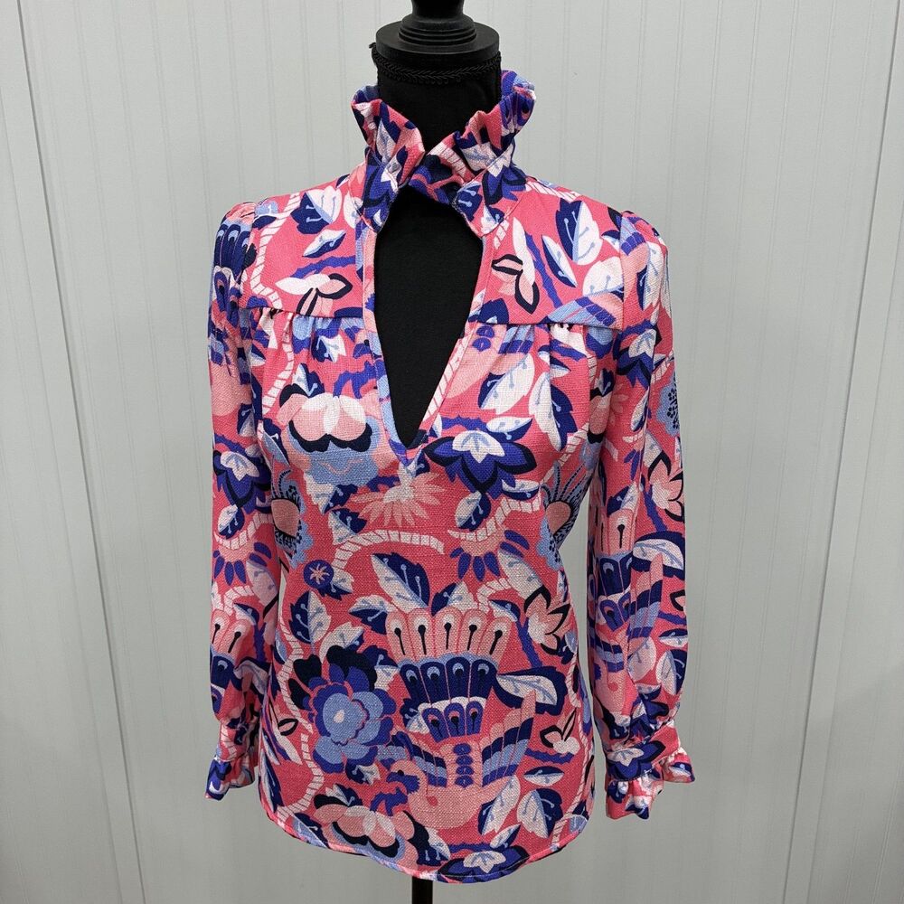 CK Bradley Womens Blouse XS Pink Blue Floral Long Sleeve Ruffle Mock Neck Top